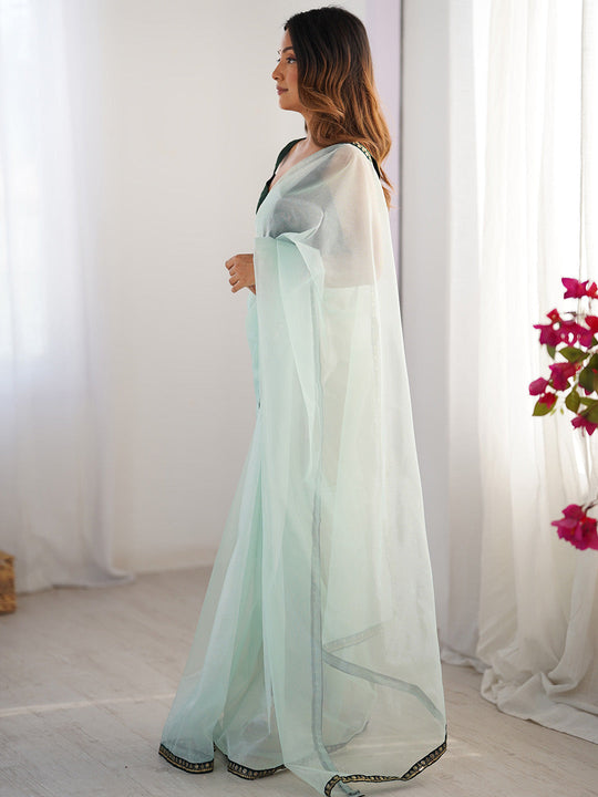 Sea Green Sequinned Solid Organza Saree With Blouse Piece