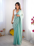 Turquoise Blue Embellished Sequinned Organza Saree With Blouse Piece