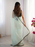 Sea Green Sequinned Solid Organza Saree With Blouse Piece