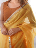 Yellow Mirror Work Solid Satin Chiffon Saree With Blouse Piece