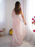 Baby Pink Embellished Sequinned Organza Saree With Blouse Piece