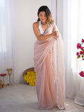 Baby Pink Embellished Sequinned Organza Saree With Blouse Piece