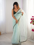 Sea Green Sequinned Solid Organza Saree With Blouse Piece