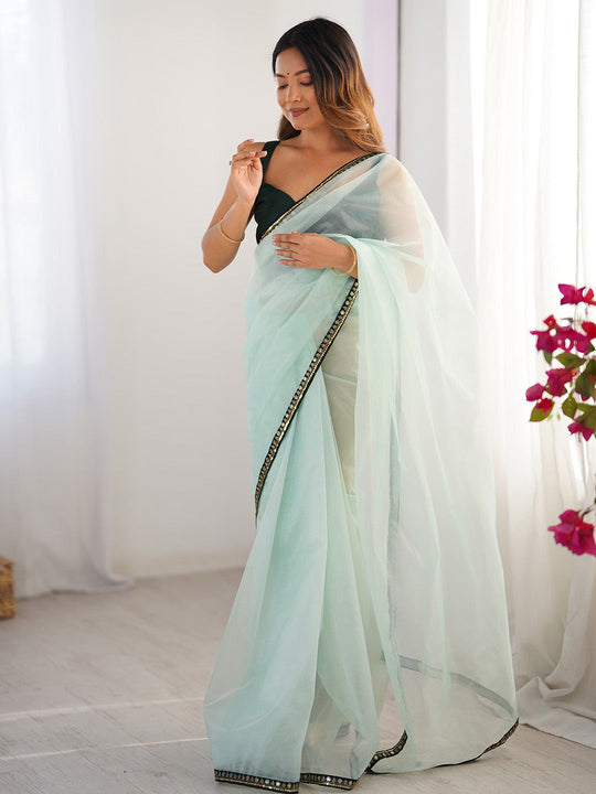 Sea Green Sequinned Solid Organza Saree With Blouse Piece