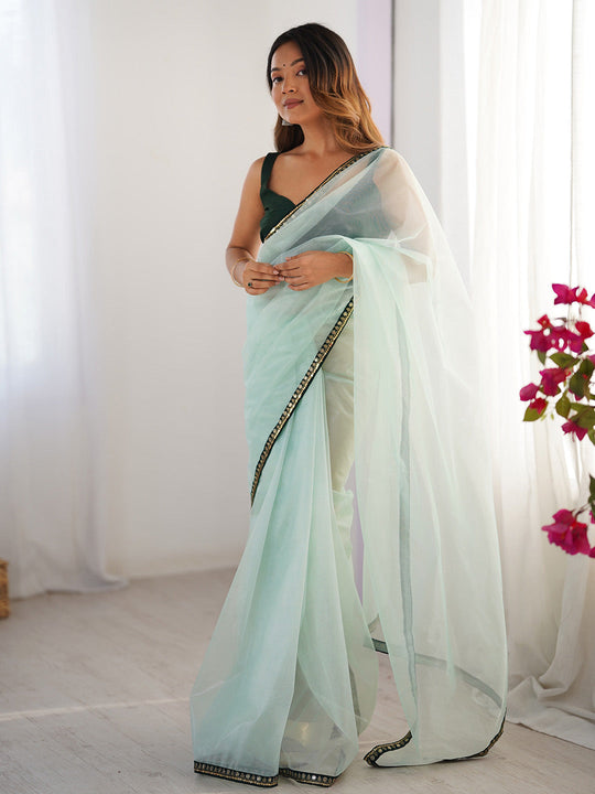 Sea Green Sequinned Solid Organza Saree With Blouse Piece
