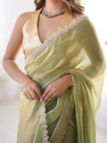 Metallic Green Gold Toned Embellished Sequinned Satin Saree With Blouse Piece