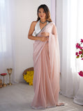 Baby Pink Embellished Sequinned Organza Saree With Blouse Piece