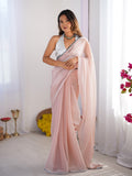 Baby Pink Embellished Sequinned Organza Saree With Blouse Piece