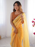 Yellow Mirror Work Solid Satin Chiffon Saree With Blouse Piece