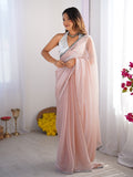 Baby Pink Embellished Sequinned Organza Saree With Blouse Piece