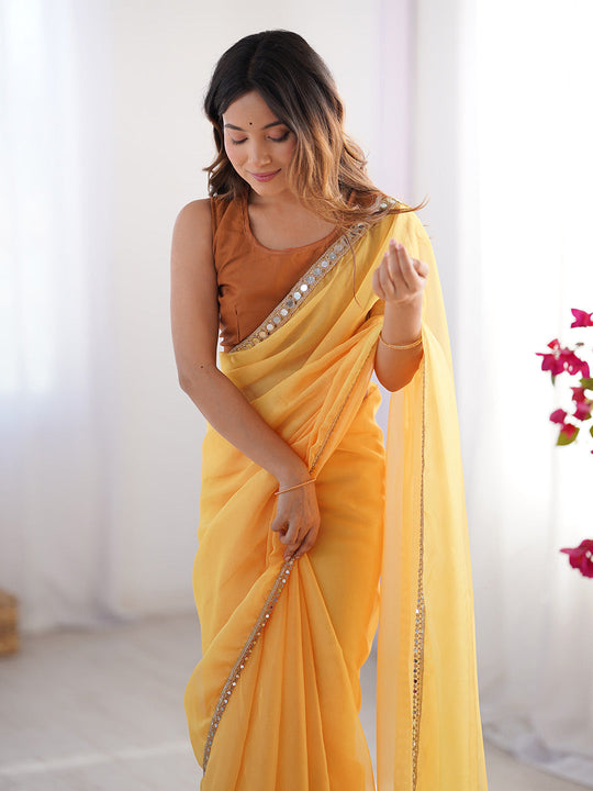 Yellow Mirror Work Solid Satin Chiffon Saree With Blouse Piece