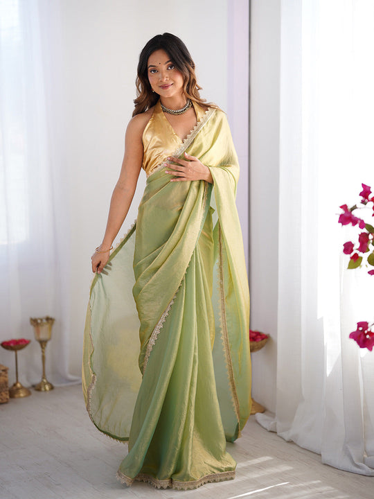 Metallic Green Gold Toned Embellished Sequinned Satin Saree With Blouse Piece