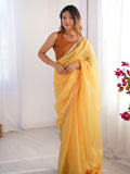 Yellow Mirror Work Solid Satin Chiffon Saree With Blouse Piece