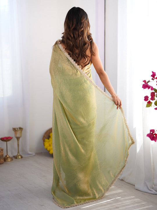 Metallic Green Gold Toned Embellished Sequinned Satin Saree With Blouse Piece