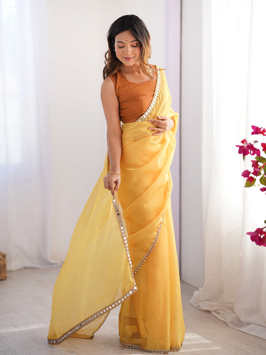 Yellow Mirror Work Solid Satin Chiffon Saree With Blouse Piece