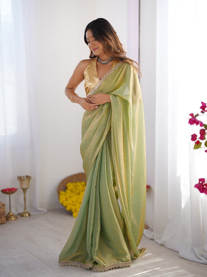 Metallic Green Gold Toned Embellished Sequinned Satin Saree With Blouse Piece