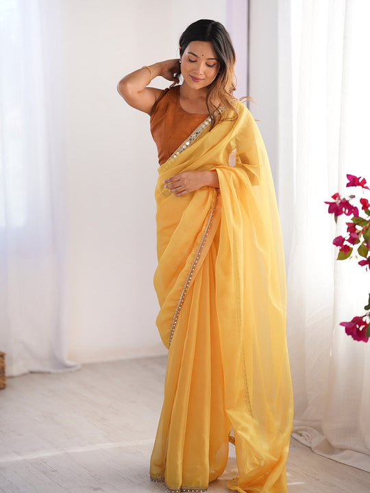 Yellow Mirror Work Solid Satin Chiffon Saree With Blouse Piece