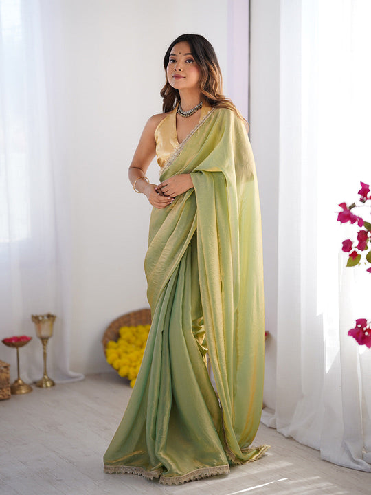 Metallic Green Gold Toned Embellished Sequinned Satin Saree With Blouse Piece