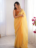 Yellow Mirror Work Solid Satin Chiffon Saree With Blouse Piece