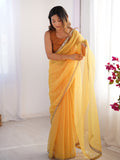 Yellow Mirror Work Solid Satin Chiffon Saree With Blouse Piece
