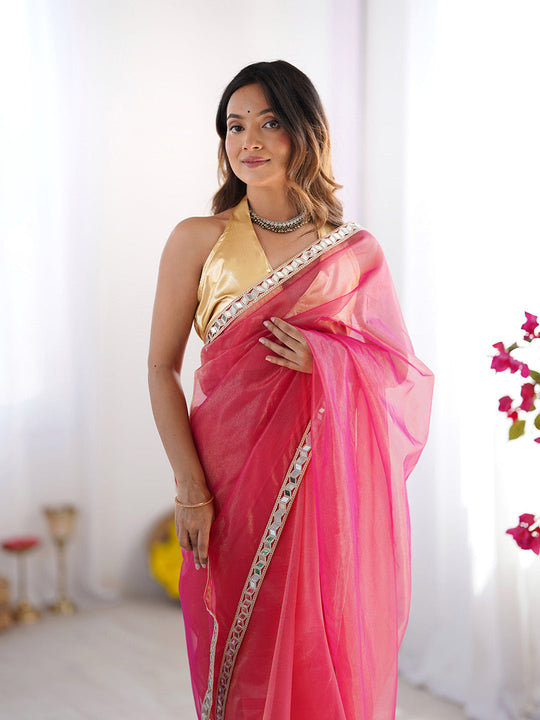 Pink Mirrorwork Organza Saree With Blouse Piece