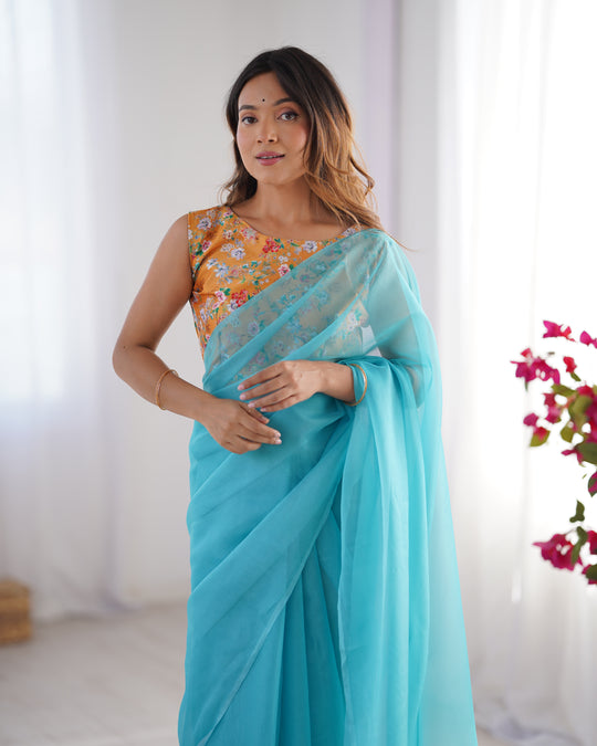 Blue Organza Designer Saree With Tassels