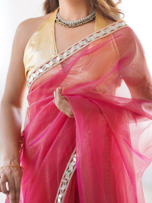Pink Mirrorwork Organza Saree With Blouse Piece