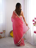 Pink Mirrorwork Organza Saree With Blouse Piece