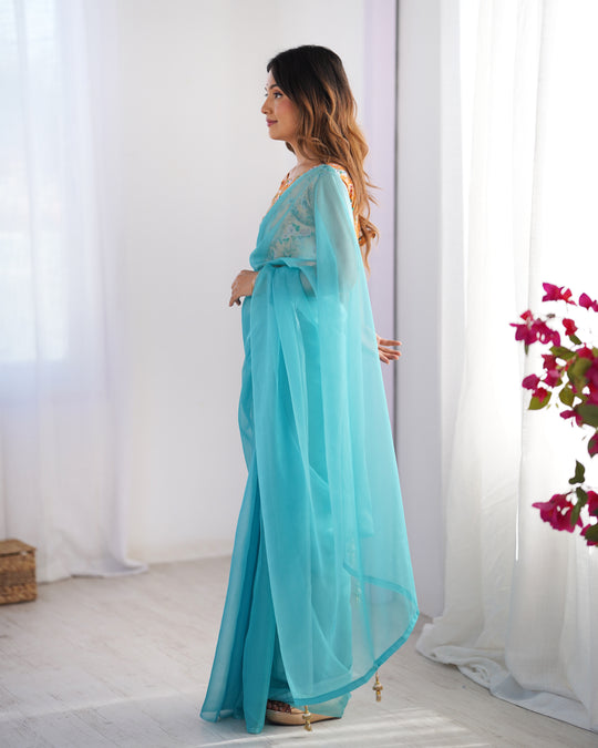 Blue Organza Designer Saree With Tassels