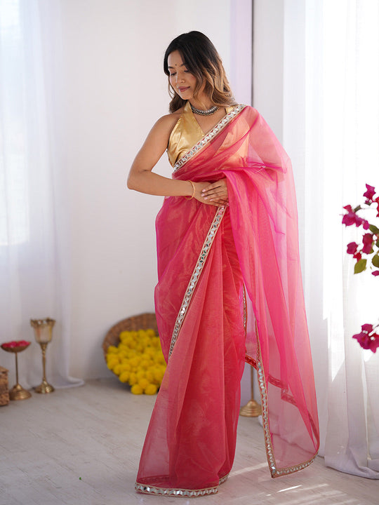 Pink Mirrorwork Organza Saree With Blouse Piece