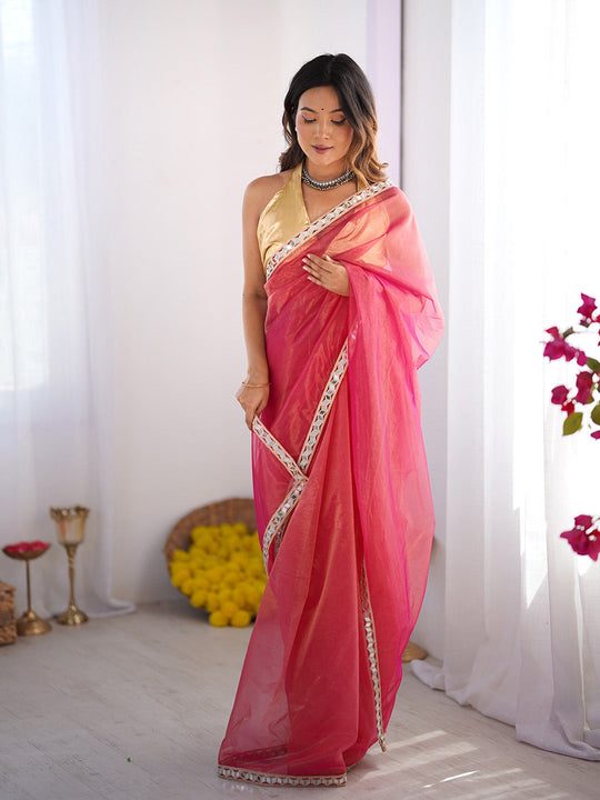 Pink Mirrorwork Organza Saree With Blouse Piece