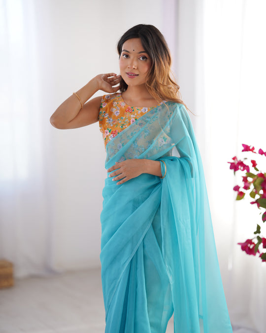 Blue Organza Designer Saree With Tassels