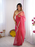 Pink Mirrorwork Organza Saree With Blouse Piece