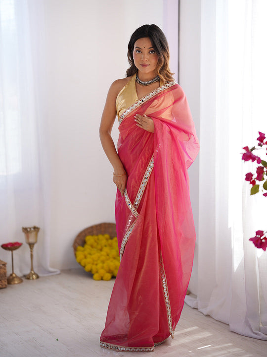 Pink Mirrorwork Organza Saree With Blouse Piece
