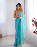 Blue Organza Designer Saree With Tassels
