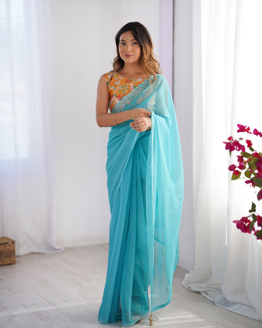 Blue Organza Designer Saree With Tassels