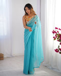 Blue Organza Designer Saree With Tassels