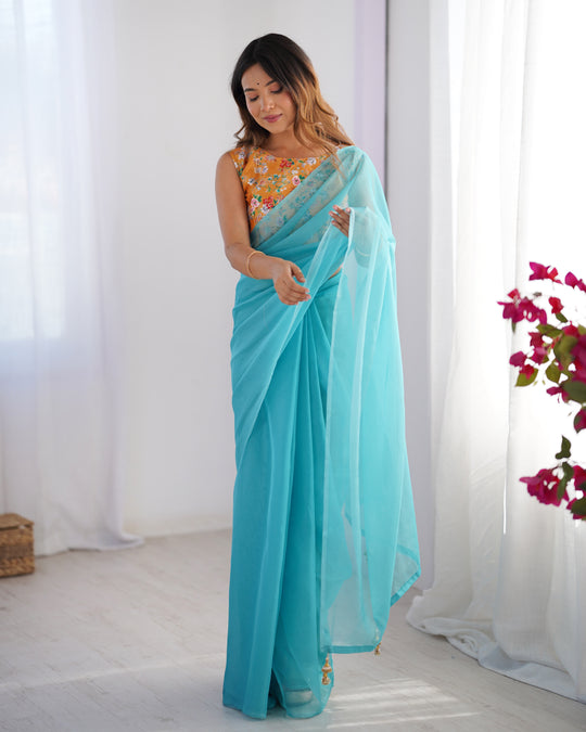 Blue Organza Designer Saree With Tassels