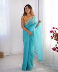 Blue Organza Designer Saree With Tassels