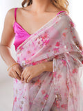 Pink Floral Printed Organza Saree With Blouse Piece