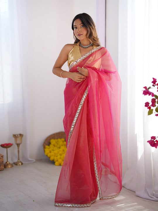 Pink Mirrorwork Organza Saree With Blouse Piece