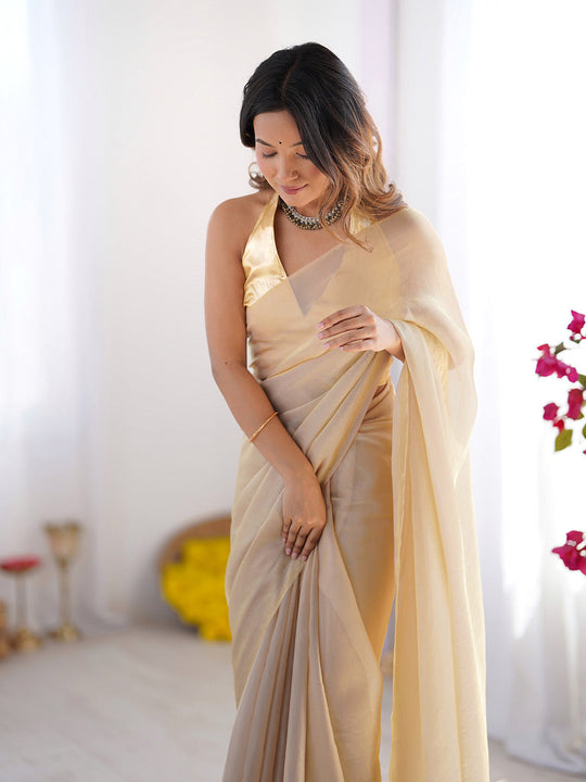 Metallic Gold Toned Embellished Solid Satin Saree With Blouse Piece