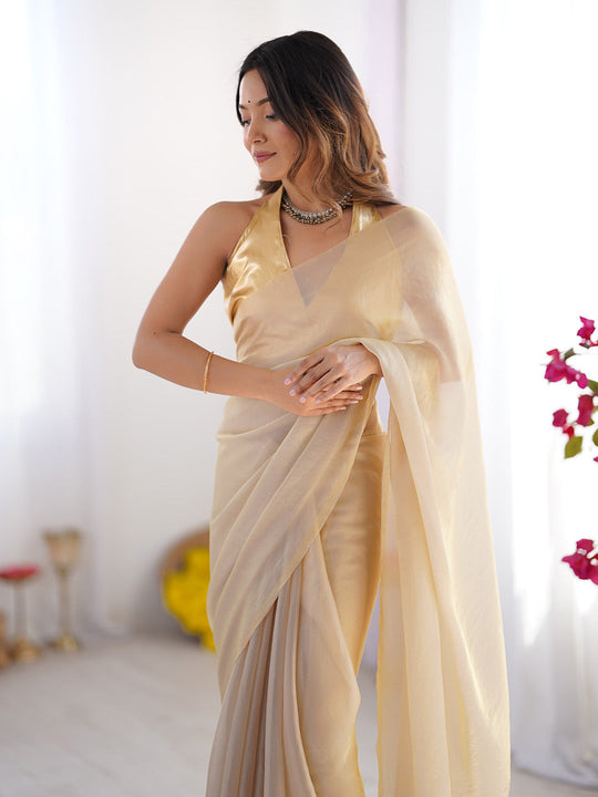 Metallic Gold Toned Embellished Solid Satin Saree With Blouse Piece