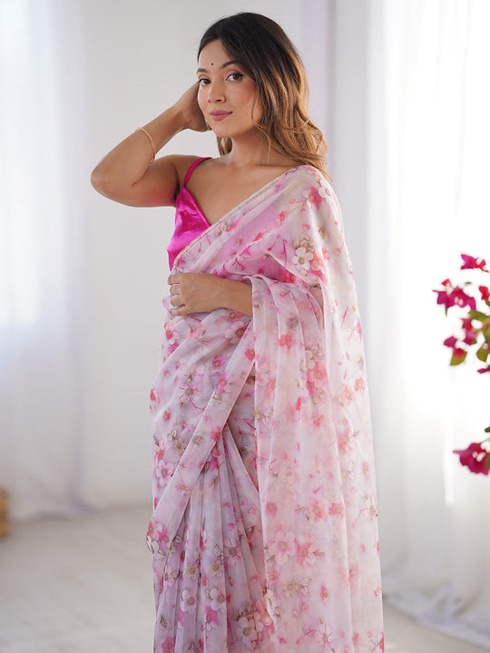 Pink Floral Printed Organza Saree With Blouse Piece