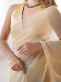 Metallic Gold Toned Embellished Solid Satin Saree With Blouse Piece