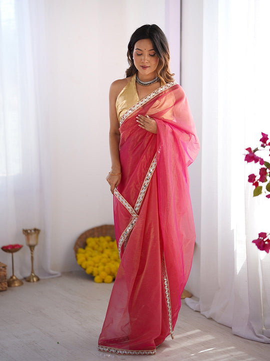 Pink Mirrorwork Organza Saree With Blouse Piece