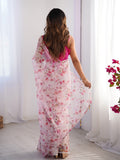 Pink Floral Printed Organza Saree With Blouse Piece