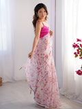 Pink Floral Printed Organza Saree With Blouse Piece