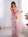 Pink Floral Printed Organza Saree With Blouse Piece