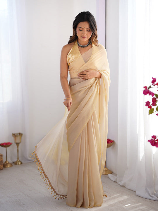 Metallic Gold Toned Embellished Solid Satin Saree With Blouse Piece